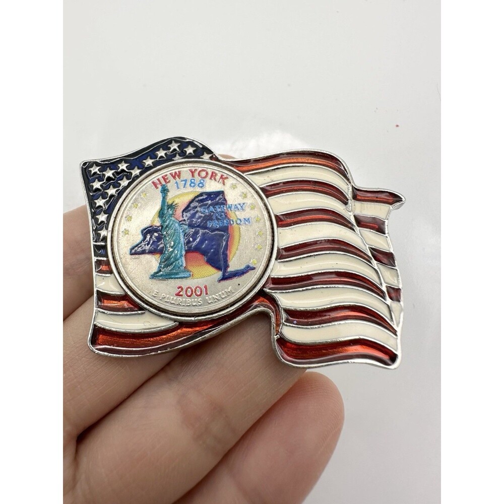 2001 New York State Brooch Quarter American Flag Patriotic Enamel Silver